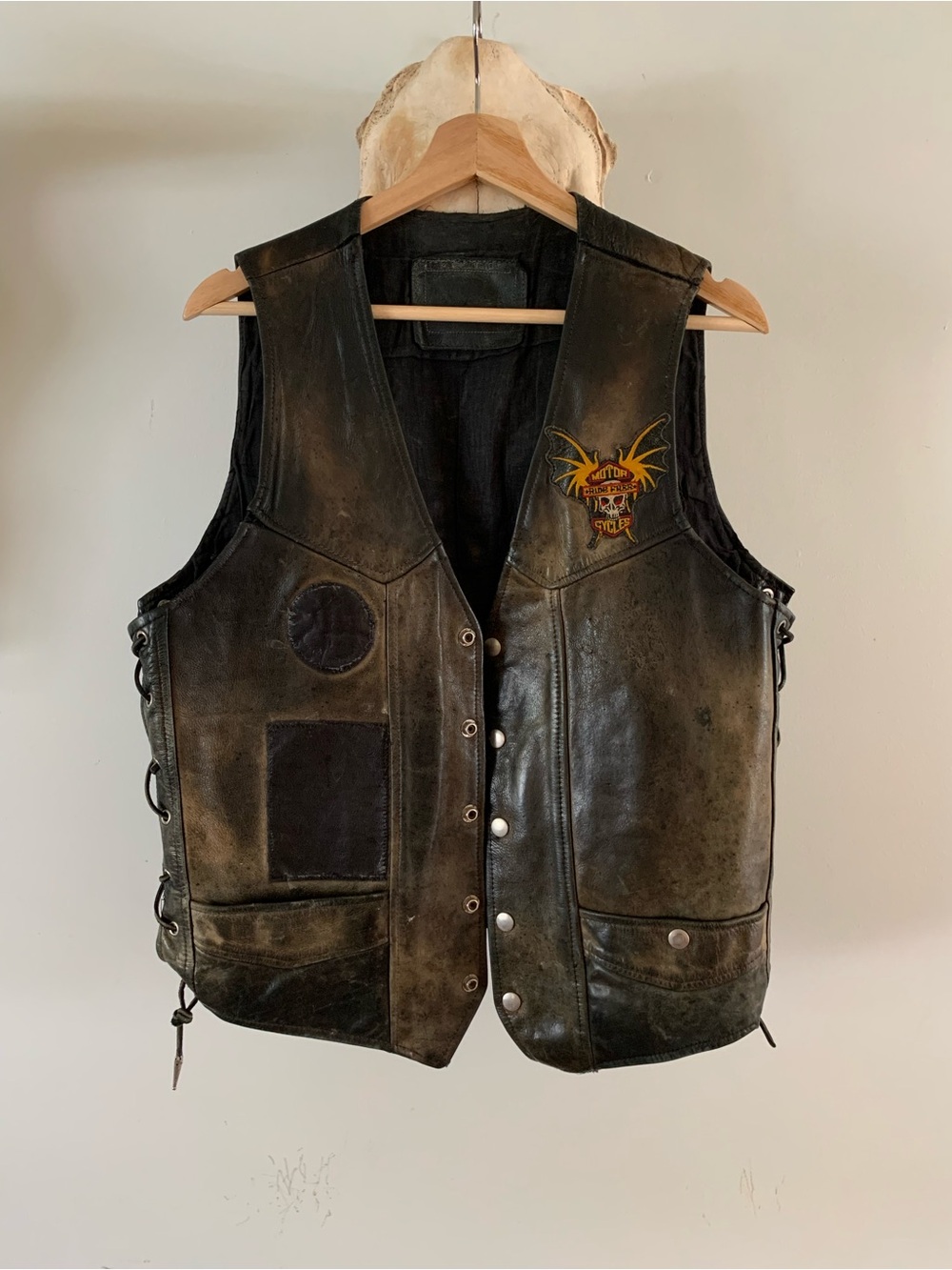 Vintage Distressed Leather Motorcycle Vest with Embroidered Patch